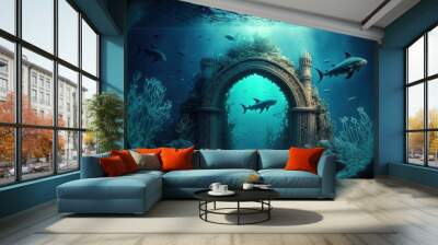 Underwater ancient city in the depths of the ocean. Atlantis lost world. ancient sunken architecture. Underwater gorges and tunnel. Lots of underwater organisms and fish. Underwater deep world. AI Wall mural