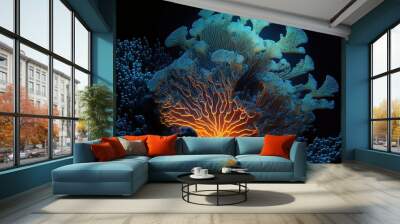 Underwater world, corals in the depths of the ocean. Sea flowers, underwater deep flora and fauna. Colorful neon corals. AI Wall mural