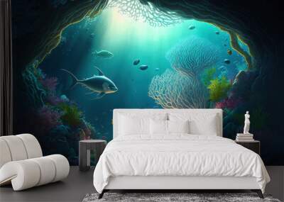 Underwater world at the depth of the ocean. Underwater gorges and tunnel. Lots of underwater organisms and fish. Underwater deep world, sea darkness, algae glow, blue neon, corals. AI Wall mural