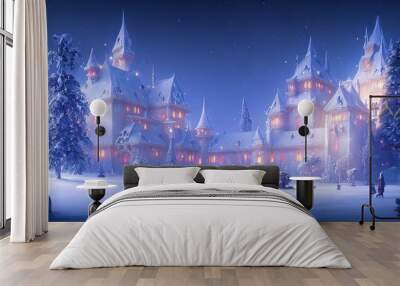 Winter fairy castle, holiday decorations, neon, night, lanterns and garlands. Winter night landscape forest near the river. Christmas tree. Festive background. 3D illustration Wall mural