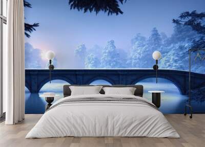 Winter snowy park. The bridge over the frozen river, ice, trees. Frosty sunset. 3D illustration. Wall mural