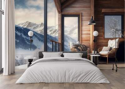 Wooden chalet in the mountains, snowy forest. Wooden house with a balcony against the backdrop of a winter mountain landscape. AI Wall mural