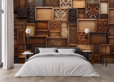 Wooden mosaic in oriental style. Generation AI Wall mural