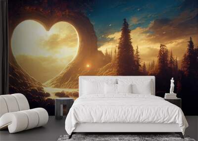 World of love. Fantasy landscape with heart silhouette. Magic mysterious country of love. Portal in the shape of a heart to the unreal world of love.  Wall mural