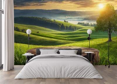 Farm wood nature field fruit table product grass garden background stand green food. Nature wood landscape morning farm outdoor sky podium forest stump beauty sun scene platform view beautiful trunk Wall mural