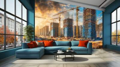 generic under construction site as mega residential towers complex for apartments or flat investment in real estate and infrastructure projects, wide banner with info datum
 Wall mural