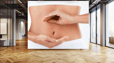 A healthy gut requires a balanced diet. Shot of a woman holding her hands in a circular shape in front of her stomach against a studio background. Wall mural