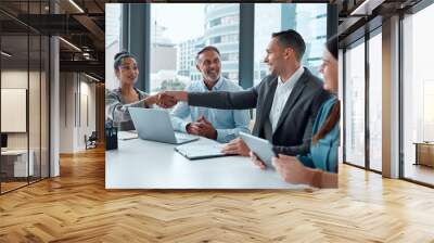 Business people, handshake and welcome meeting for crm team motivation and hr partnership collaboration in office. Thank you, well done goals and shaking hands for recruitment, hiring and onboarding Wall mural