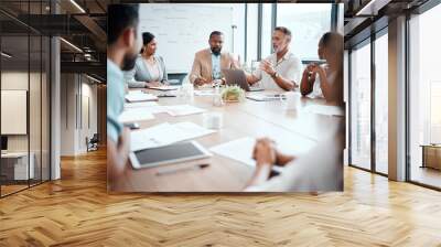 Business people, meeting and discussion for team planning, working and workplace ideas at the office. Group of employees in teamwork, collaboration or brainstorming for diversity at conference Wall mural