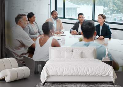 Business people, meeting and strategy in corporate planning, brainstorming or team discussion at the office. Group of employees in teamwork, collaboration or communication in conference at workplace Wall mural