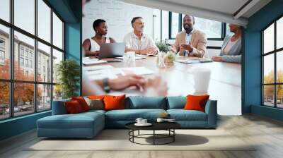 Happy business people, meeting and strategy in planning, team discussion or sharing idea at office. Group of employees in teamwork, collaboration or discussing project plan in conference at workplace Wall mural