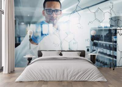 Science, tablet and man with chemistry formula for medical research, equation and solution. Healthcare, pharmaceutical and male scientist at glass, writing and brainstorming in chemical laboratory Wall mural