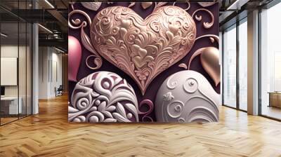 Valentine Day Hearts Red Background. Wedding Greeting Card ,Two red hearts on the beach. Love

 Wall mural