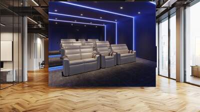 3d home cinema room with blue light and beige leather armchairs Wall mural