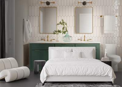 3d modern contemporary chic beige bathroom with two rectangle brass mirrors and a green cabin	
 Wall mural