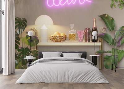 3d render of a modern room with a brass mini bar trolley cart with glasses, bottles of alcohol, a drink neon and many plants
 Wall mural