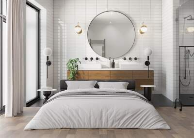 3d rendering of a modern minimal white bathroom with big round mirror Wall mural