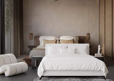 3d rendering of a Mykonos minimal cool luxurious hotel bedroom. Greek Aegean design style Wall mural