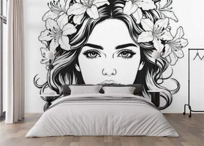 A black and white illustration of a woman with flowers in her hair Wall mural