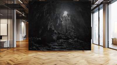 a black and white image from within a cave Wall mural