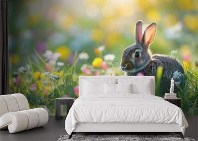 A bunny holding vibrant eggs softly blooming meadow flowers Wall mural