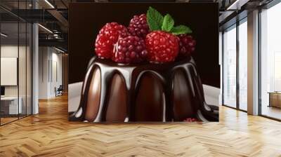 A chocolate pudding topped with raspberries and mint sits on a white plate against a brown background Wall mural