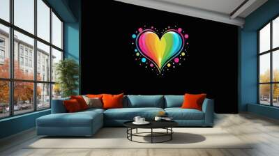 A colorful heart with rainbow stripes and dots is set against a black background Wall mural