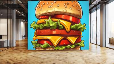 A colorful pop art style cheeseburger with fresh lettuce and juicy tomato on a vibrant blue background Wall mural