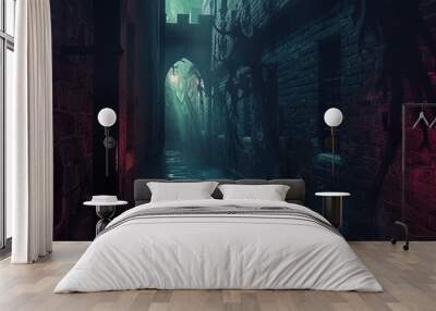 A dark alley with eerie shadows of creatures Wall mural