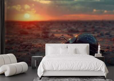 A dung beetle rolling a formed ball of dung across a desolate savanna at dusk Wall mural