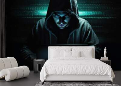 A hacker at work in a dark room. Wall mural