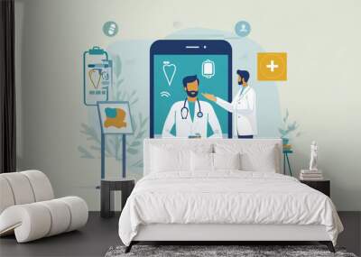 A healthcare professional providing virtual support to a patient on a mobile app Wall mural