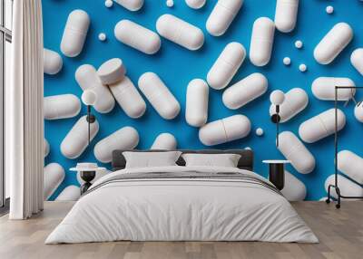 A large number of pills are on the table, blue background Wall mural