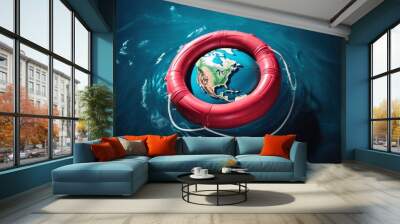 A life buoy saving planet earth from drowning by climate change. Wall mural