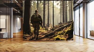 a military man in uniform in a pine forest walks along the path. copy space for text Wall mural