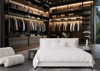 A modern closet opened with some clothes. Wall mural