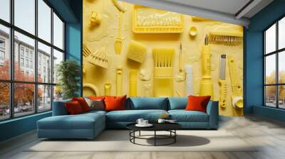 A neat array of newly used yellow clean tools and supplies with drips of water evident Wall mural