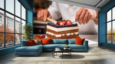 A pastry chef making a cake created with generative AI technology. Wall mural