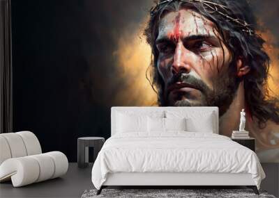 a portrait of Jesus Christ crown of thorns banner original abstract art with space for copy text, easter and good friday,generative ai	 Wall mural