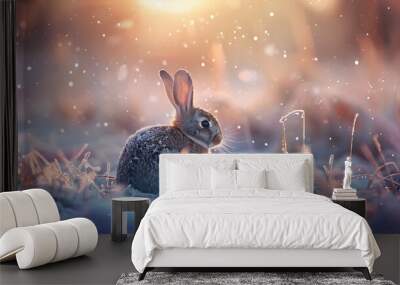 A rabbit on a snowy field illuminated by the dawn Wall mural