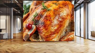 A roasted turkey with cranberries and rosemary sits on a white plate, ready for a festive meal Wall mural