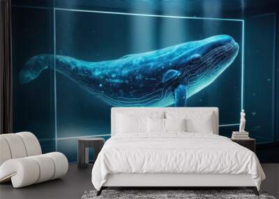 A shape of a blue whale floats as a hologram in a laboratory created with generative AI technology. Wall mural