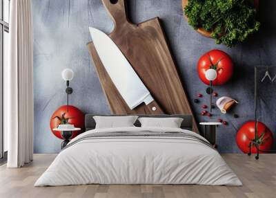 A sharp knife food concept top view with a wooden board. Wall mural