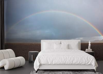 a vibrant rainbow arcs across the sky above a vast, barren icelandic landscape, with moody clouds in Wall mural