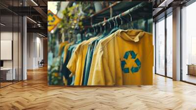 A yellow apparel on an attire rack with a fuzzy backdrop and a recycle sign Wall mural