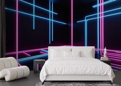 Abstract Neon Lines 3D Render with Dynamic Glow and Reflective Floor Effect Wall mural