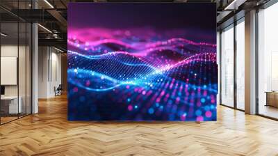 Abstract tech background with flowing particle waves in blue and pink Wall mural