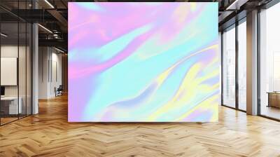 Abstract trendy holographic blue foil background - holo foil . Wavy texture in pastel violet, blue and yellow.	
 Wall mural