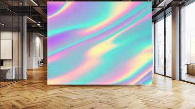 Abstract trendy holographic foil background - holo foil . Wavy texture in pastel violet, blue and yellow. Wall mural