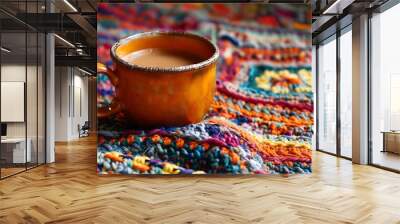 Adorned orange bond cup on a crocheted rug with bombilla Wall mural